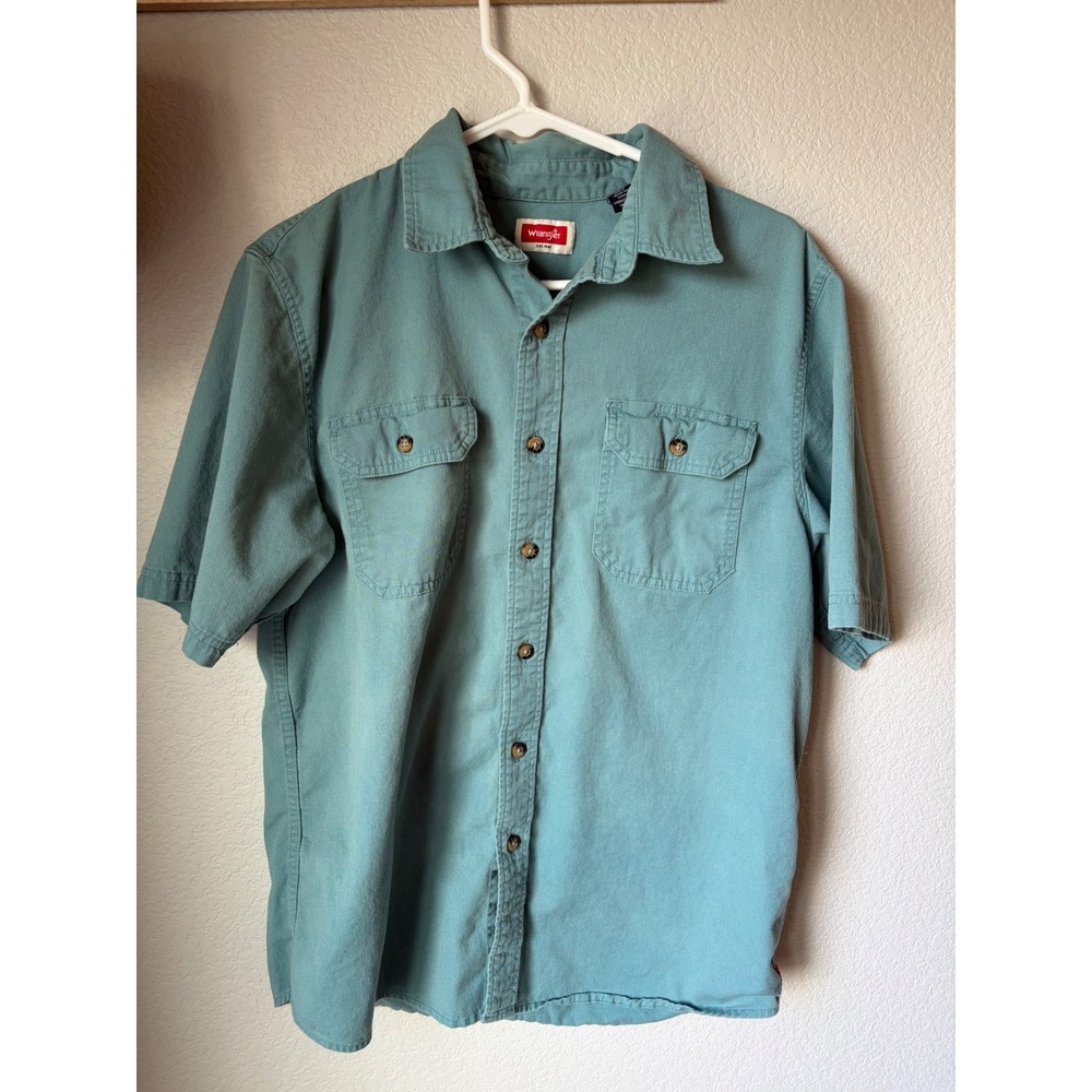Wrangler Mens Short Sleeve Button Down Shirt Teal Green Workwear Casual Size M